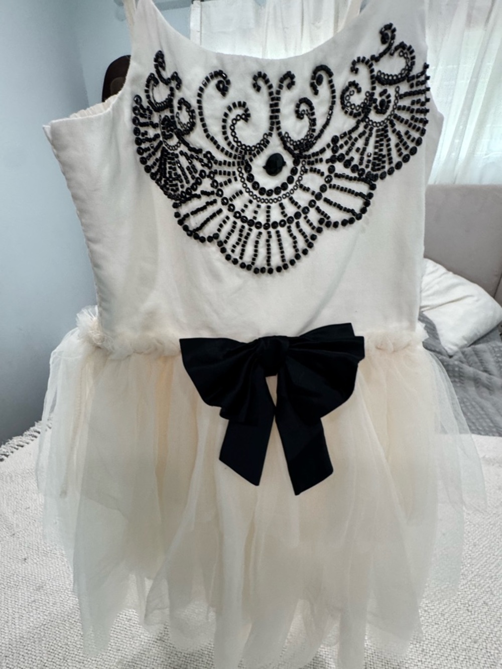Cotton On Ivory Tulle Dress with Black Beading & Bow